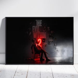 May include: A framed poster featuring the game "The Evil Within 2." The image shows a person seated in a chair, with the game's title and a large "2" in red neon. The background is dark with floating images.
