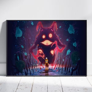 May include: A framed art print featuring a surreal, fantasy scene. A silhouetted figure stands before a large, dark creature with glowing red eyes and claws. The background is a dark blue with stylized plant life and a watery foreground.