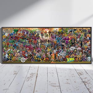 Op de afbeelding: Een ingelijste Marvel X-Men poster met een collage van talrijke stripboekpersonages. Het kunstwerk is levendig met een veelheid aan kleuren en details, inclusief de Marvel- en X-Men-logo's. De rechthoekige poster staat tegen een witte houten achtergrond.