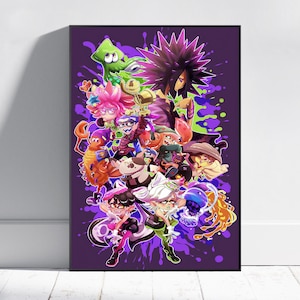 May include: A vibrant poster featuring a group of colorful cartoon characters against a purple background with paint splatters. The characters have unique designs, including squid-like creatures and individuals with distinctive hairstyles and outfits. The artwork is a digital illustration.