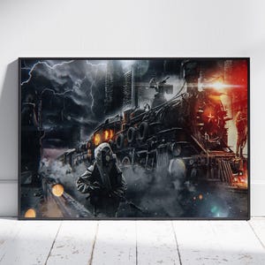 May include: A framed art print depicting a post-apocalyptic scene. A person in a gas mask and military attire stands in front of a steam train. The background features a stormy sky with lightning and a city.