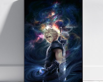 May include: A framed art print featuring a character with spiky blonde hair, clad in dark armor, and holding a large sword. The background is a vibrant depiction of a nebula with swirling blues, purples, and hints of orange and yellow.
