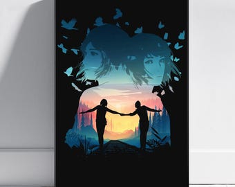 Puede incluir: Impresión artística enmarcada que representa dos figuras silueteadas tomadas de la mano, sobre un fondo de puesta de sol y bosque. Dos figuras femeninas y pájaros superpuestos. La obra utiliza azules, naranjas y negro.