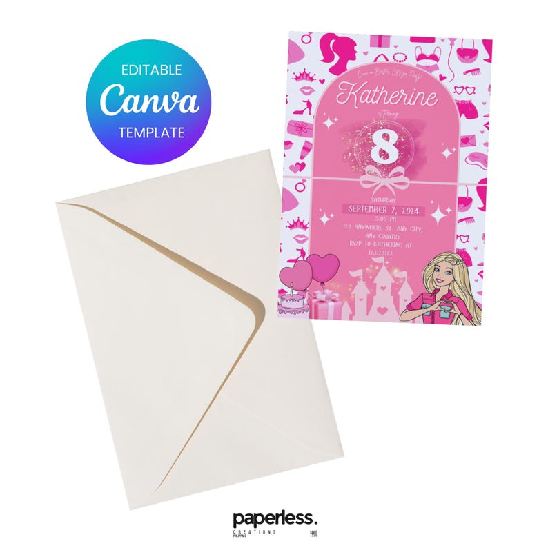 May include: A pink birthday invitation with the name "Katherine" and the number "8" in a glittery bubble. The invitation includes event details and a Barbie-like illustration. A white envelope is on the left, and the Canva template logo is in the upper left.