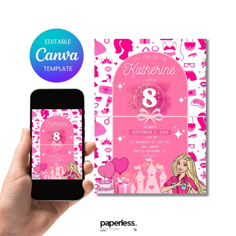 May include: A pink birthday party invitation with the name "Katherine" and the number "8" in a decorative font. The invitation includes the date, time, and location. The design features a cartoon of a blonde woman, hearts, and other party-themed graphics.