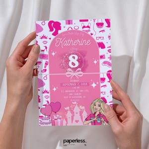 May include: A pink birthday party invitation with the name "Katherine" and the number "8" in a decorative design. The invitation includes the date, time, and location. A cartoon illustration of a blonde woman is at the bottom.
