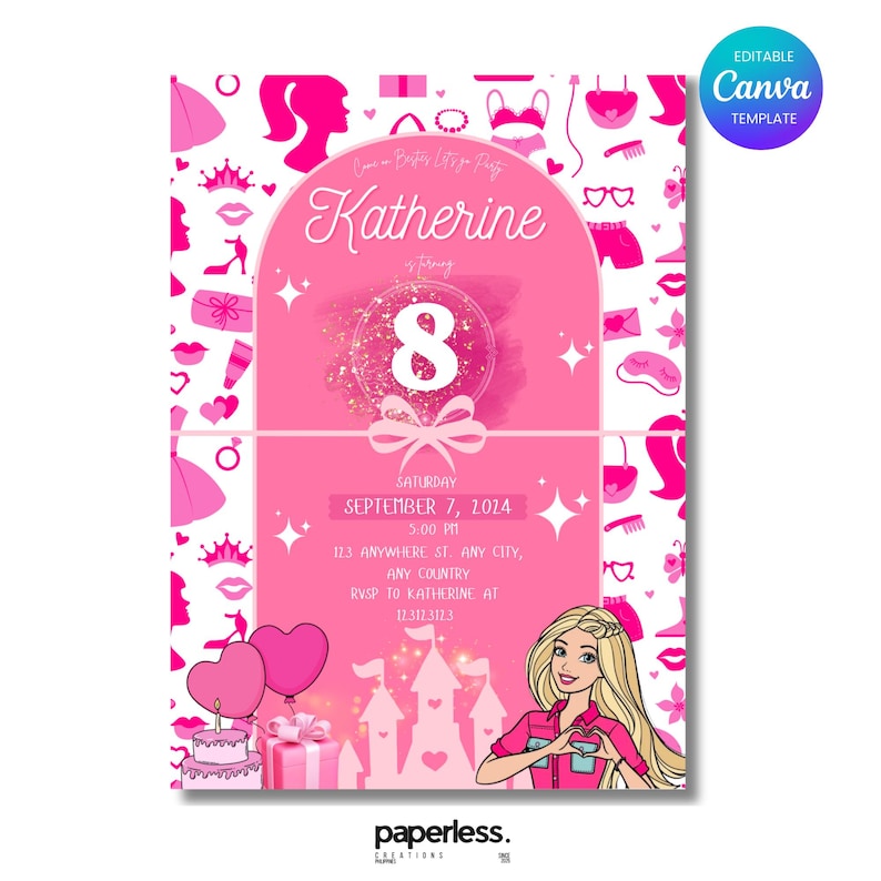 May include: A pink birthday party invitation with the name "Katherine" and the number "8" in a glittery sphere. The invitation includes event details, decorative elements, and a cartoon illustration of a blonde woman.
