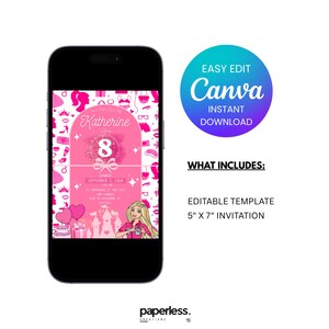 May include: A smartphone displays a pink birthday invitation template. The design includes the name "Katherine", the number "8", and the text "September 7, 2014". The invitation is a 5" x 7" editable template, with a Canva instant download.