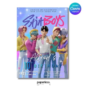 May include: A digital invitation template featuring a group of stylized figures. The invitation reads "SAJA BOYS" and "Alfred's 10th Birthday" with event details. The design includes a Canva template label and the Paperless Creations logo.