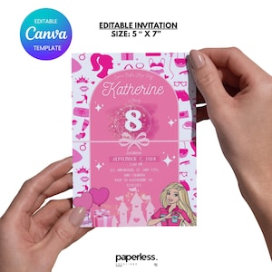 May include: A pink birthday invitation with the name "Katherine" and the number "8" in a decorative design. The invitation is 5" x 7" and includes event details. The Canva template is held by hands.