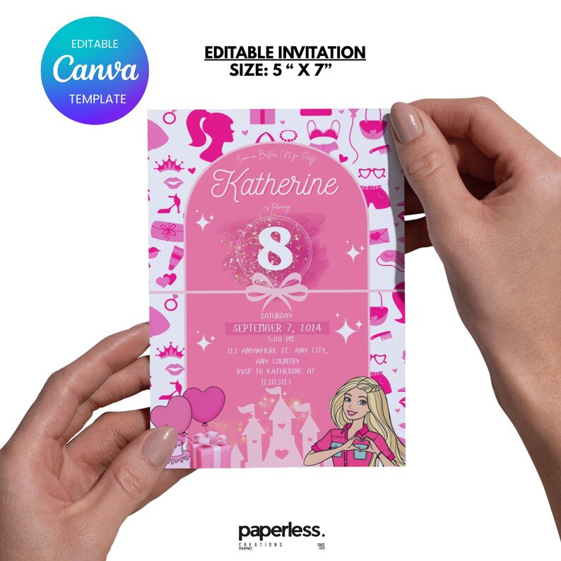 May include: A pink birthday invitation with the name "Katherine" and the number "8" in a decorative design. The invitation is 5" x 7" and includes event details. The Canva template is held by hands.