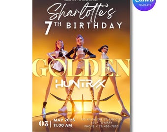 Kpop Demon Hunters Birthday Invitation for Girls Birthday Huntrix Golden Editable Canva Template Neon Kpop Anime Invite Kids Party Supplies
