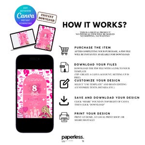 May include: Pink digital invitation template for an 8th birthday party, displayed on a laptop, tablet, and smartphone. The invitation features a cartoon girl, hearts, and the name "Katherine". Instructions on how to use the template are also included.