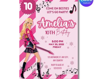 Barbie Rock Star Birthday Invitation, Pink Girl Party (Digital Printable Download)