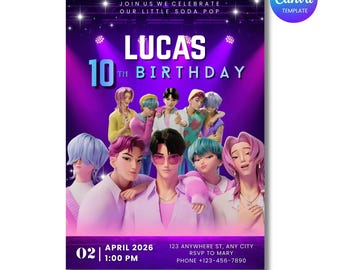 Kpop Demon Hunters Saja Boys Birthday Invitation Demon Hunter Boy Band Invite Editable Canva Template Kpop Party Favor Soda Pop Boy Birthday