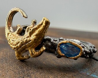 Aquamarine Zircon Crocodile Ring, Black Rhodium 925 Silver, Size 20