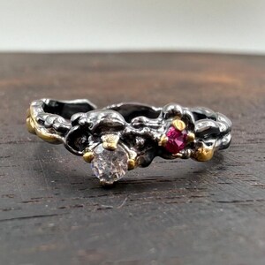 Handmade Ruby Zircon Ring, 925 Sterling Silver, Black Rhodium & 14K Gold Plated image 3