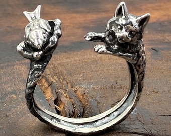 925 Sterling Silver Cat & Bird Ring, Oxidized Animal Ring, Handmade Nature Jewelry