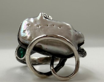 Handmade Oxidized Sterling Silver Baroque Pearl Ring, Green Zircon
