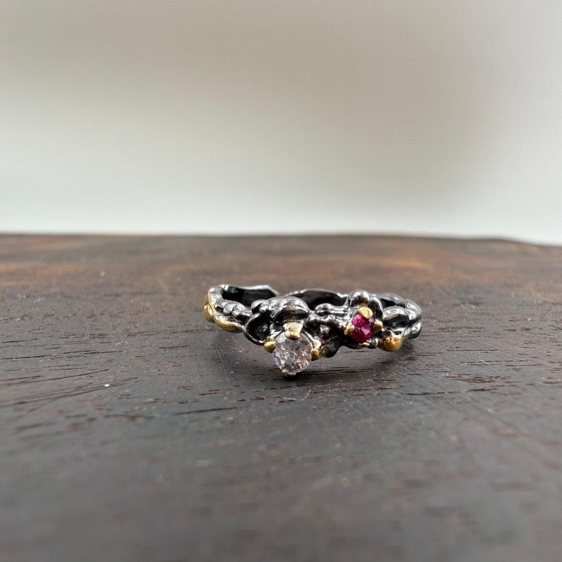 Handmade Ruby Zircon Ring, 925 Sterling Silver, Black Rhodium & 14K Gold Plated image 3