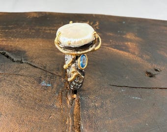 Handmade Sterling Silver Baroque Pearl Ring, Aquamarine Zircon, Gold Detail
