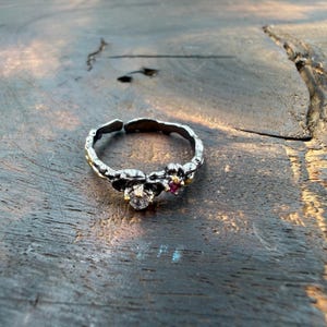 May include: A silver-toned ring with a textured band and two small gemstone clusters. One cluster features a clear stone, the other a small red stone. The ring is set on a rustic wooden surface.