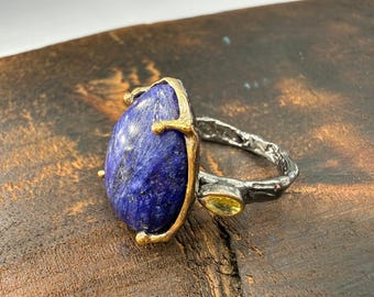 Handmade Lapis Lazuli Sterling Silver Ring, Gold Detail, Size US 9
