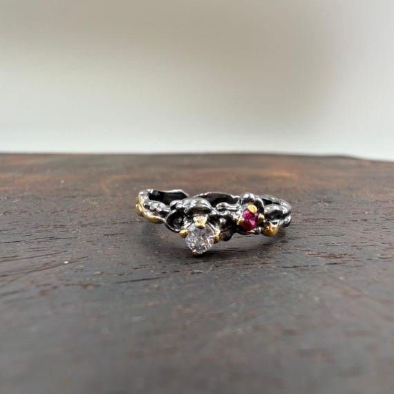Handmade Ruby Zircon Ring, 925 Sterling Silver, Black Rhodium & 14K Gold Plated