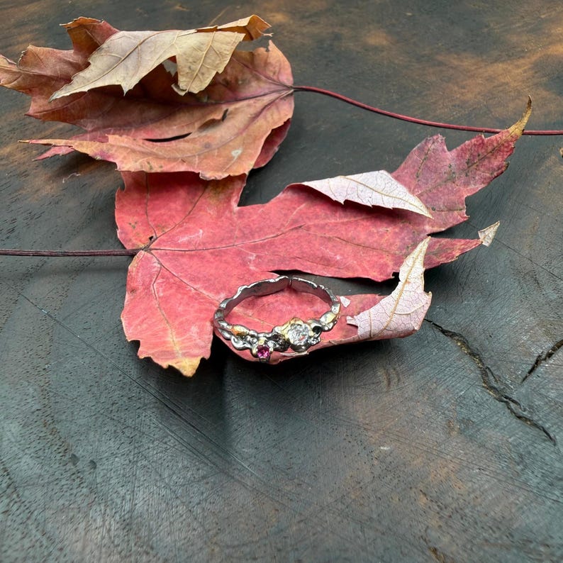 May include: A silver ring with gold accents, featuring a clear stone and a red stone, rests on a red and brown leaf. The ring has a textured design. The background is a dark, wooden surface.