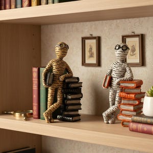 Puede incluir: Dos figuras decorativas de momias con gafas, una beige y otra blanca, se apoyan en pilas de libros sobre una estantería de madera. La estantería también contiene cuadros enmarcados, libros y una lupa.