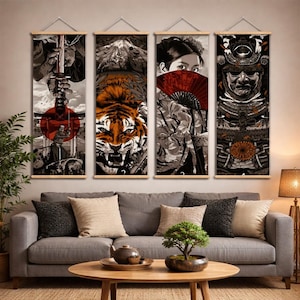 May include: Four vertical wall art pieces with Japanese-inspired designs. The art features a samurai, a tiger, a woman with a fan, and a samurai with a mask. Each piece is framed with wooden rods and hung on a wall above a gray sofa.