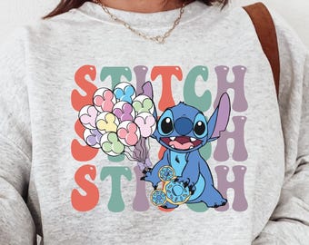 Sudadera con globo de Stitch, Sudadera cómoda de Stitch con dona, Sudadera de Stitch feliz, Sudadera de regalo de Stitch, Sudadera de cumpleaños de Stitch