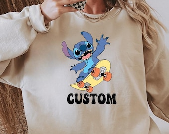 Custom Stitch Sweatshirt, Stitch Skateboard Sweatshirt, Stitch Lover Gift Sweater, Cool Stitch Cartoon Sweater, Funny Stitch Sweater