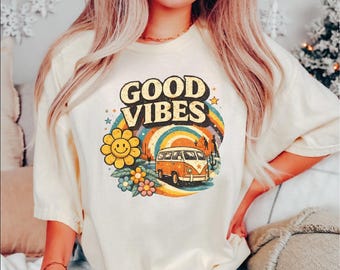 Good Vibes Shirt, Retro Rainbow Van Shirt, Vintage Aesthetic Shirt, Retro Camper Van, Shirt, Retro Rainbow Shirt