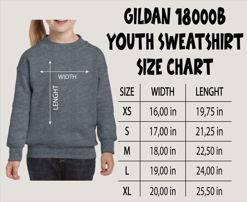 a young girl wearing a sweatshirt with a size chart