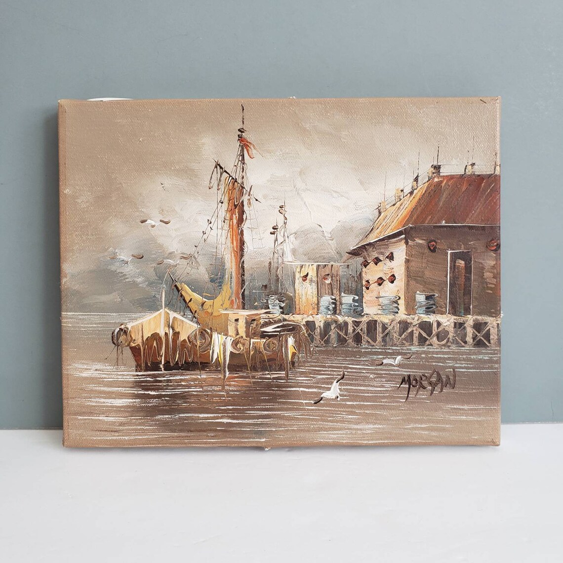 Vintage Boat Dock Ocean Painting Wall Hanging Room Decor Etsy