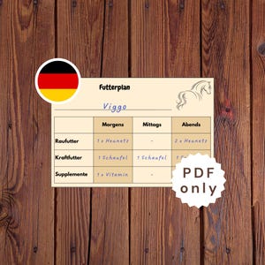 Pferde Futterplan Stallkarte、Futterplan の Boxenschild für Stalltür mit、Turnier Futterplane、Druckbares Futter ID、Wettkampf info Pferd