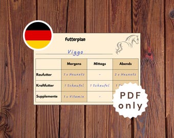 Pferde Futterplan Stallkarte, boxenschild für Stalltür mit Futterplan, Turnier Futterpläne, Druckbares Futter ID, Wettkampf info Pferd