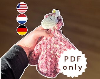 Patrón de crochet de unicornio Lovey de tela para abrazos Amigurumi, explicación paso a paso de Unicorn Lovey, regalo de maternidad DIY, tela de bebé de crochet, unicornio de crochet