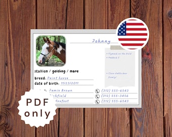 Tarjeta de establo, placa para puerta de establo, placa con información del caballo, tarjeta de establo para caballos, PDF imprimible para exhibición de caballos
