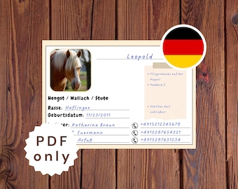 Pferde Stallkarte Namensschild, boxenschild für Stalltür mit Pferdeinfos, Turnier Stallkarte, Printbares Pferde-ID, Wettkampf info Pferd