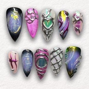 Cyber Fairy Chromnägel - Aurora-Farbverlauf mit Silberrahmen und Edelsteinakzenten, 3D-Druck auf Nagelspitzen