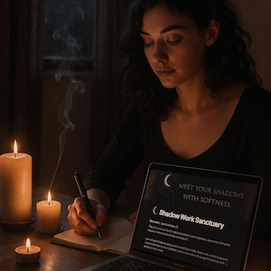 May include: A woman writing in a notebook with a pen, lit by candlelight. A laptop displays text: "Meet Your Shadows With Softness" and "Shadow Work Sanctuary". Smoke rises from a lit candle, creating a mystical atmosphere. The scene is set in a dimly lit room.