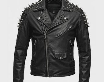 Schwarze Rindsleder Bikerjacke mit Spikes und Nieten: Edgy Punk Rock Oberbekleidung