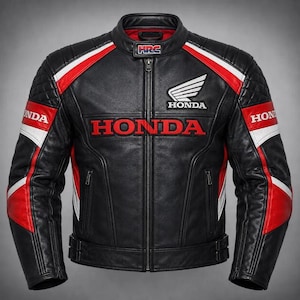 Könnte beinhalten: Eine schwarze Motorradjacke aus Leder mit roten und weißen Akzenten, einem zentralen Reißverschluss und dem Honda-Logo in roter Schrift auf der Brust. Die Jacke verfügt über einen HRC-Aufnäher am Kragen, gesteppte Schulterpartien und Taillenversteller.