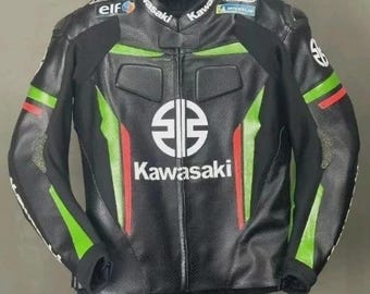 Handgefertigte Kawasaki Racing Leder Motorradjacke: Rindsleder Racing Jacke