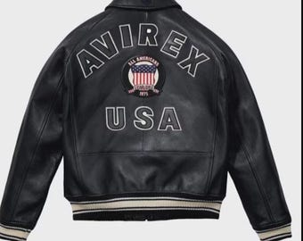 Handmade Cowhide Leather Avirex Jacket - Black USA Style