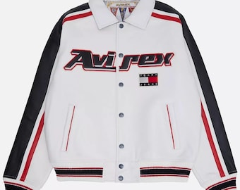 Chaqueta Avirex de cuero genuino de vaca para hombre, hecha a mano, color blanco, marca Tommy Jeans. Chaqueta Avirex, personalizada, blanca, ideal como regalo para él.