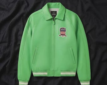 Handmade Avirex Green Leather Bomber Jacket – Men's Varsity Outerwear – Premium American Heritage Style – Luxury Streetwear Coat