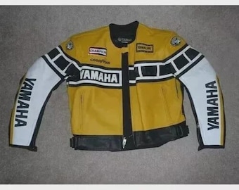 Chaqueta de cuero amarilla Yamaha MotoGP hecha a mano: Chaqueta de motociclista vintage de los años 90